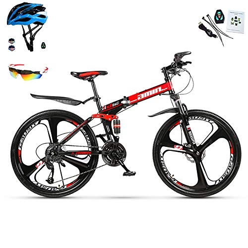 Plegables : Bicicletas De Montaña para Hombre Y Mujer 30 Velocidades Bicicleta Montaña 26 Pulgadas Marco De Acero De Alto Carbono MTB con Suspensión Y Doble Freno De Disco Bicicleta Plegable, Rojo