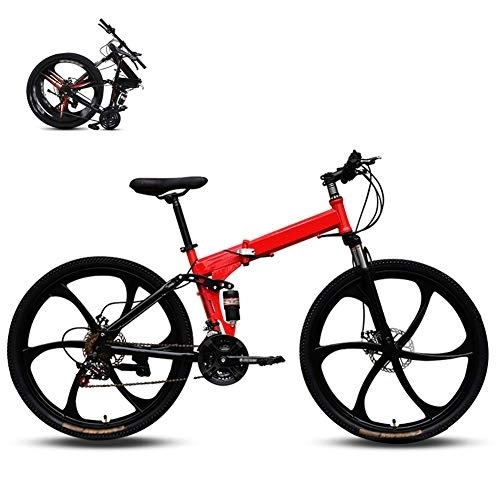 Plegables : Bicicletas De Montaña Plegables, 26 Pulgadas Seis Ruedas De Corte Marco De Acero De Alto Carbono Velocidad Variable Absorción De Doble Choque All Terrain Adult Plegable Bicicleta, Rojo, 21 Speed
