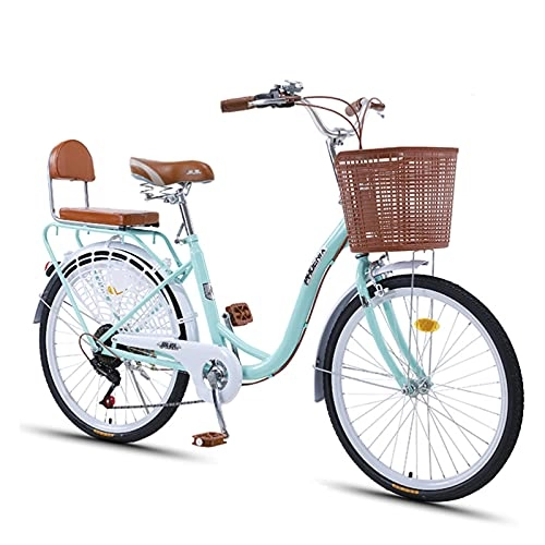 Plegables : Bicicletas, Playa Cruiser Bike for Women, Classic Cruiser Bike Con Cestas, Bicicleta De Canasta De Verduras De Ocio, 7 Velocidades Crucero Para Mujer Bicicleta Retro Bicicleta (Size:24inch, Color:Verde)