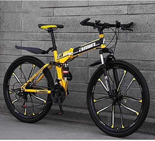 Plegables : Bicicletas plegables de bicicleta de montaña, freno de disco doble de 21 velocidades y 21 pulgadas, suspensión completa antideslizante, cuadro de aluminio ligero, horquilla de suspensión, amarillo, D