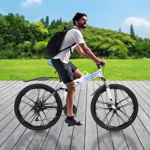 Plegables : Brride Bicicleta de montaña para adultos de 26 pulgadas, bicicleta plegable de 21 velocidades, marco de acero al carbono resistente, freno de disco doble, amortiguador delantero y trasero, MTB en azul