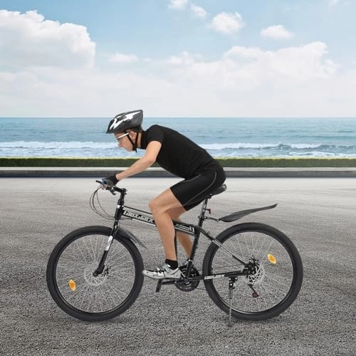 Plegables : Brride Bicicleta plegable de 26 pulgadas, 21 velocidades, marco de acero al carbono, frenos de disco, sillín ergonómico, horquilla de suspensión, elegante diseño en blanco y negro, ligero y portátil