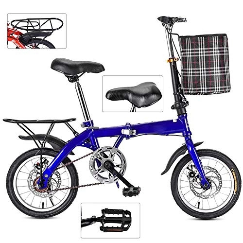 Plegables : DORALO Bicicleta Plegable, Bicicleta De Asiento Ajustable con Cestas De Ciclismo Y Marco De Transporte, Bicicletas Portátiles, Freno De Disco De Una Sola Velocidad, Azul, 14 Inch