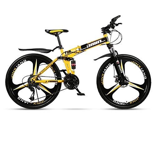 Plegables : DSAQAO Bicicletas MTB De Suspensión Completa, 3 Spoke Plegable Bicicleta De Montaña 24 Pulgadas 21 24 27 Bicicleta De Disco De 30 Velocidades para Adolescentes Adultos Negro+amarillo1 27 Velocidad