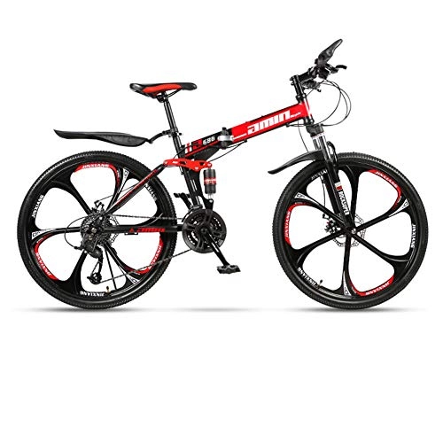 Plegables : DSAQAO Folding Mountain Bike, Suspensión Completa 6 Spoke MTB Bikes 26 Pulgadas 21 24 27 Bicicleta De Disco De 30 Velocidades para Adolescentes Estudiantes Adultos Negro+Rojo 30 Velocidad