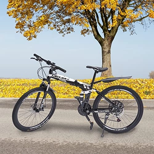 Plegables : DSYOGX Bicicleta de montaña plegable de 26 pulgadas para adultos, 21 velocidades y suspensión en horquilla, para hombre, mujer, adulto, color blanco y negro