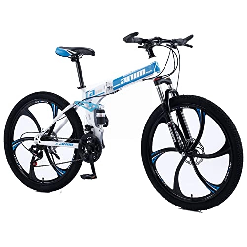 Plegables : EASSEN Bicicleta de montaña Plegable de 26"con Marco de Acero de Alto Carbono de suspensión Completo, transmisión de 21 velocidades, característica 6 Ruedas 24 / 26", en BIC White blue-30