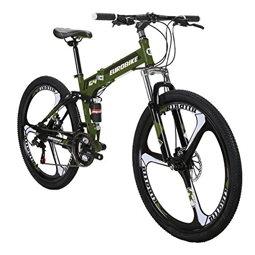 Plegables : Eurobike Bicicleta plegable G4 21 Speed Mountain Bike 26 Pulgadas 3 Radios MTB Doble Suspensión Bicicleta (Ejército)