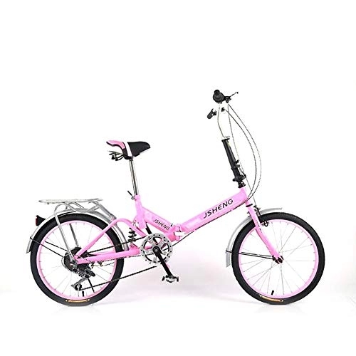 Plegables : FJW Femenino 20 Pulgadas Bicicleta Plegable Velocidad única 6 velocidades Ajustables Marco Ultraligero Ciudad del Viajero Bicicleta, Pink, 6Speed