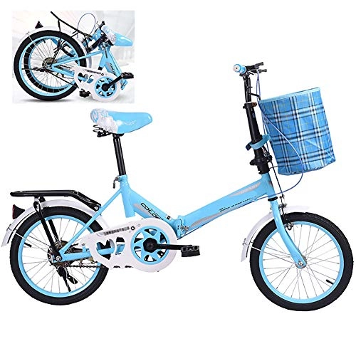 Plegables : FLy 16 Pulgadas Bicicleta Plegable De Peso Ligero Bicicleta Plegable De Aluminio Estudiante Bicicleta De Asalto, con Rueda De Radios, Estante Trasero Y Cesta, Sillin Confort, Unisex Adulto, Azul
