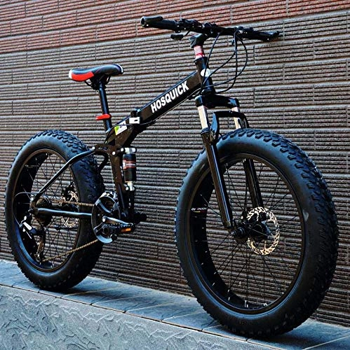 Plegables : GASLIKE Fat Tire Mountain Bike para Adultos Hombres Mujeres, Marco de Acero Plegable de Alto Carbono Bicicleta de MTB de suspensión Completa, Freno de Doble Disco, Negro, 26 Inch 27 Speed