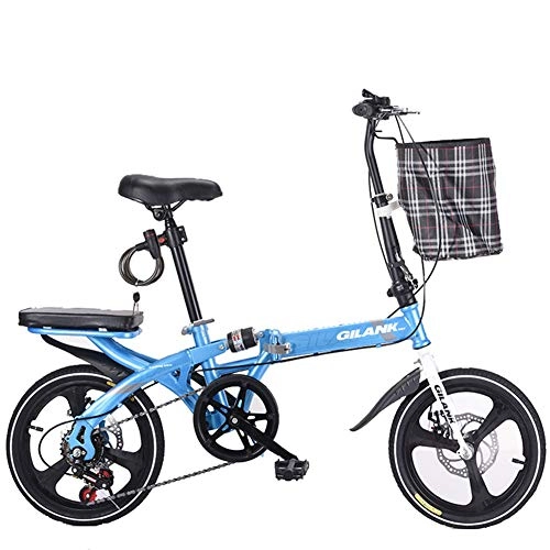 Plegables : GYL Portátil y Ligero 16 / 20 Pulgadas Bicicleta para Adultos & Estudiantes Plegable Sistema de Freno de Doble Disco de Seguridad Transmisión de Seis velocidades, Azul, 16inch
