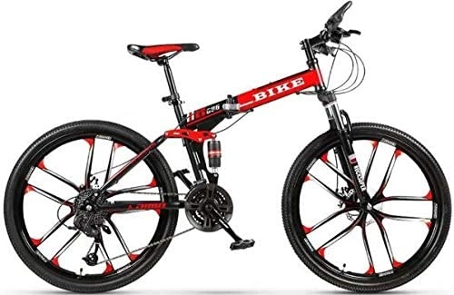 Plegables : HYLK Doble Bicicletas de montaña en Bicicletas Negras y Rojas de Carreras de Velocidad Variable Todoterreno con Doble amortiguación con 10 Ruedas de Corte (21 Cambios de 24pulgadas)