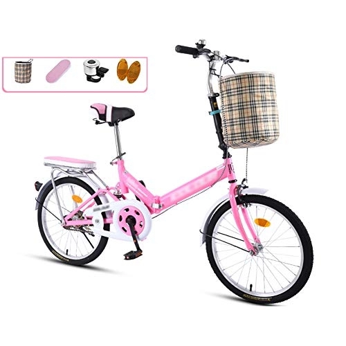 Plegables : JHNEA 16 Pulgadas Plegable Bicicleta, Marco de Acero al Carbono Bicicleta Plegable Street con Sillin Confort Cesta y Estante, Pink-B