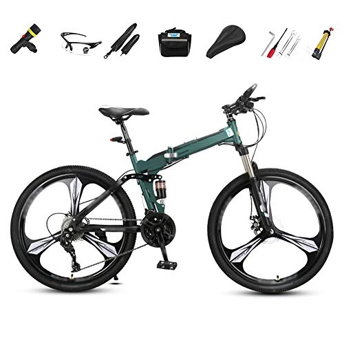 Plegables : JI TA Bicicleta de Montaña Plegable, 27 Velocidades, Bicicleta Adulto, 26 Pulgadas Bici para Hombre y Mujerc, MTB con Full Suspension y Freno Disco / Verde