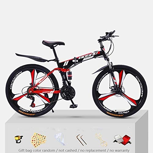 Plegables : KNFBOK bicicleta de montaña hombre Bicicleta de montaña para adultos, 21 velocidades, marco de acero grueso, bicicleta plegable, 26 pulgadas, doble choque, todoterreno, niños y niñas Rueda de tres cuchillas negra y roja