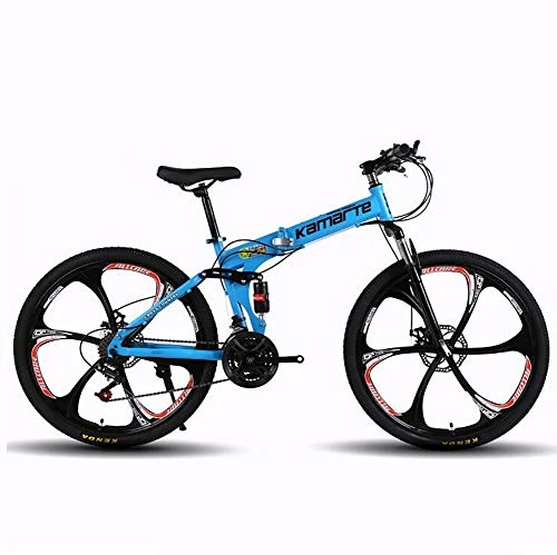 Plegables : LALEO 21 Velocidades Bicicleta De Montaña Plegable 26 Pulgadas 6 Cuchillo Rueda Bicicletas Carbono Acero Doble Disco Freno Bicicletas Deportivas Bicicleta De Montaña, Azul