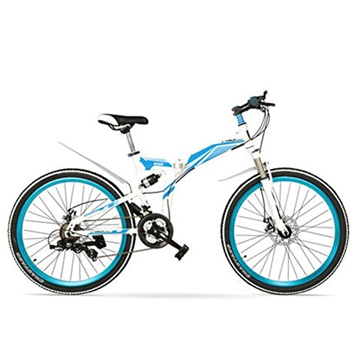 Plegables : LANKELEISI Bicicleta Plegable K660M 24 / 26 Pulgadas, 21 velocidades, Horquilla bloqueable, suspensión Delantera y Trasera, Freno de Disco, Bicicleta de montaña (Blanco Azul, 26 Inches)