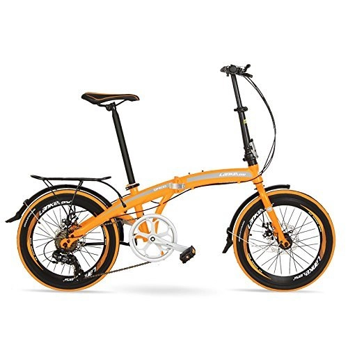 Plegables : LANKELEISI QF600G Bicicleta Plegable de 20 Pulgadas, Bicicleta Plegable de 7 velocidades, Estructura de Acero con Alto Contenido de Carbono, BMX, Ambos Frenos de Disco (Naranja Más)