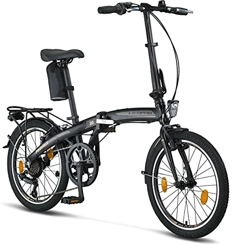 Plegables : Licorne Bike Phoenix - Bicicleta plegable de aluminio de 20 pulgadas, para hombre y mujer, 7 velocidades, marco de aluminio, cubierta, StVZO, luz delantera y trasera (negro y dorado)
