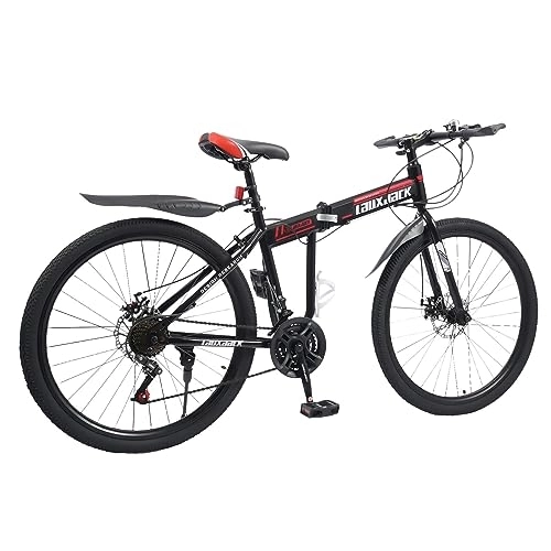 Plegables : LOYEMAADE Bicicleta plegable de 26 pulgadas, bicicleta de montaña, 21 marchas, bicicleta plegable, color negro y rojo, freno de disco con cable