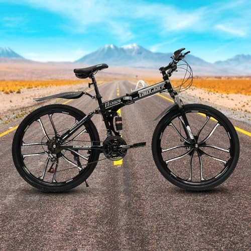 Plegables : LOYEMAADE Bicicleta plegable de montaña de 26 pulgadas con 21 velocidades y freno de disco, bicicleta MTB unisex para adultos, horquilla delantera y amortiguador trasero