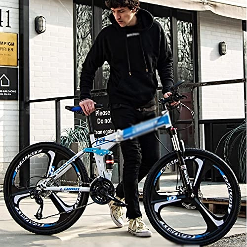 Plegables : MENG Bicicleta de Montaña Bicicleta de 26 Pulgadas Dual Disco Freno Plegable Bicicleta de Acero Al Carbono Mcon Doble Amortiguador Y Bifurcación Frontal de Amortiguador con Llave (Tamaño: 21 Velocida