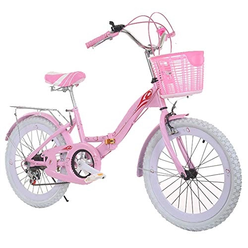 Plegables : MFWFR Bicicleta de Velocidad Variable, Bicicleta para Nios de Color Rosa para Nias en Bicicleta Plegable de 20"22" 24"con Estabilizadores y Cesta, Whiterosepink, 20inches