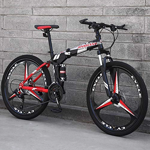 Plegables : Mountain Bike Bicicleta Plegable Bicicleta de montaña de 21 velocidades 26 Pulgadas Ruedas de 3 Rayos MTB Bicicleta de Doble suspensión-Red_21 Velocidad 26 Pulgadas