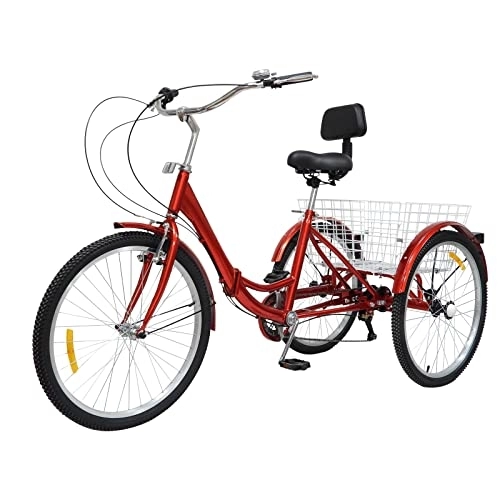 Plegables : OUKANING Triciclo de 24 Pulgadas para Adultos Triciclo Plegable de Bicicleta de 3 Ruedas con Cesta de la Compra, 7 Marchas (Rojo)