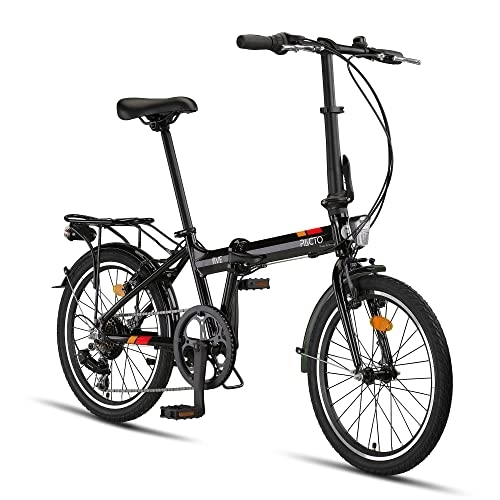 Plegables : PACTO Five Bicicleta Plegable - Bicicleta Holandesa - 27 cm Marco de Aluminio - 20 Pulgadas Llantas de Aluminio - 6 Engranajes Shimano - V-Frenos - Fácil de Plegar - Negro
