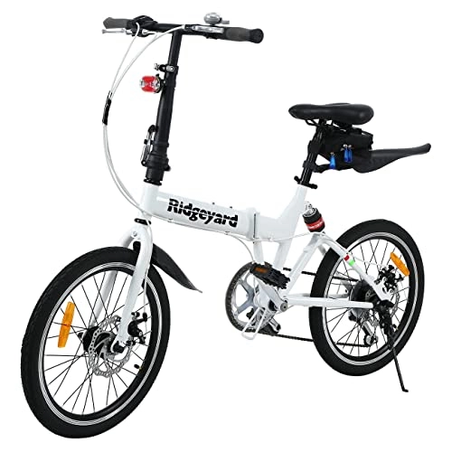 Plegables : Ridgeyard - Bicicleta plegable de 20 pulgadas con 7 marchas, para deportes al aire libre, batería LED, bolsa de sillín y timbre para bicicleta, color blanco