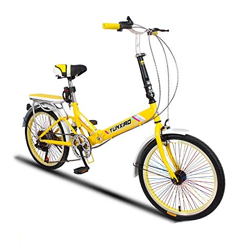 Plegables : Saturey Bicicleta Ligera Plegable de 20 Pulgadas, Bicicleta Plegable de Bucle y Soporte de pie con una transmisin de 6 velocidades, Mujeres Adultas Hombres, Bicicleta hbrida, Yellow