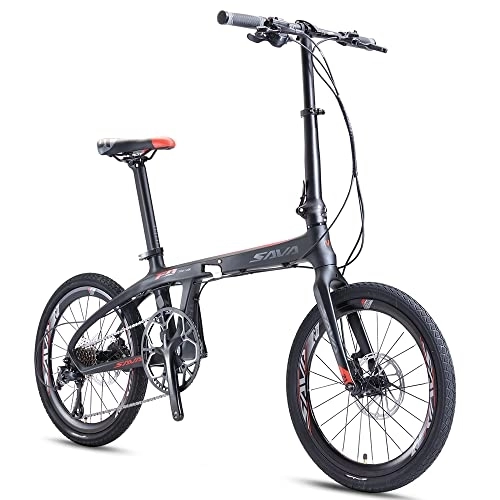 Plegables : Sava - Bicicleta Plegable de 20” de Fibra de Carbono con Sistema de Transmisión Shimano 3000, 9 Velocidades, Neumáticos Cste, Fácil de Transportar, Hombre, Negro / Rojo, 20 Pollici