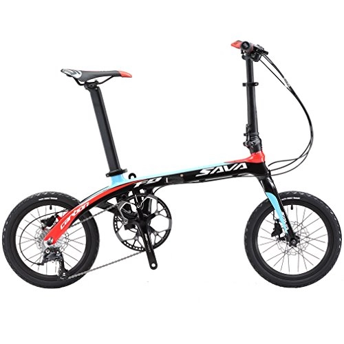 Plegables : SAVADECK 16 '' Bicicleta Plegable Marco de Fibra de Carbono para niños Mini Bicicleta Plegable de la Ciudad con Grupo Shimano Sora 3000 9 Velocidad (Negro Rojo)