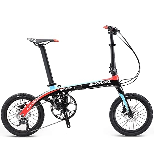 Plegables : SAVADECK Z2 Bicicleta Plegable Marco de Fibra de Carbono, 16" Bicicleta Plegable Mini Bicicleta Plegable de la Ciudad con Grupo Shimano Sora 3000 9 Velocidad (Negro Rojo)