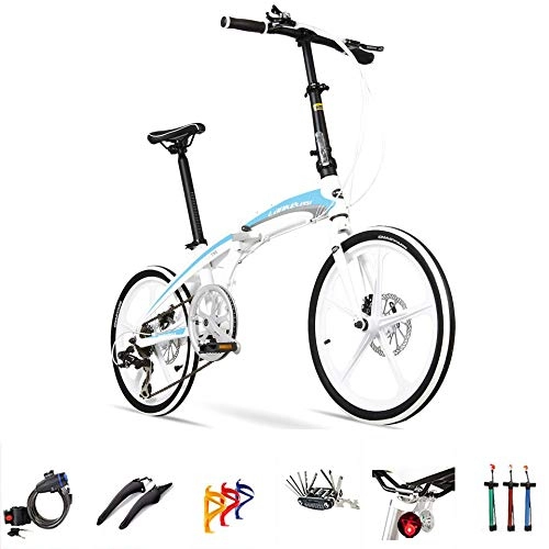 Plegables : SYLTL Folding Bike Unisex Rueda de Aleación de Aluminio Bicicleta Plegable Velocidad Variable 20 Pulgadas Folding Bicicleta Adecuado para Altura 140-185 cm, Whiteblue