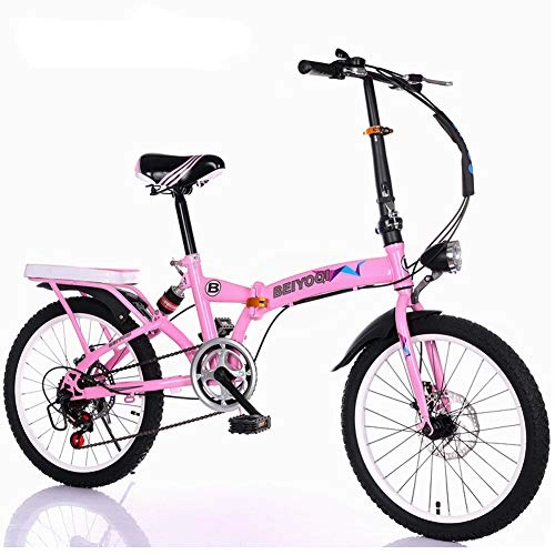 Plegables : Urcar 20 Pulgadas Bicicleta Plegable Bicicleta de Viaje para Adultos Rueda Integral de aleación de magnesio y Bicicleta de 6 velocidades con Amortiguador hidráulico para Adultos, Pink