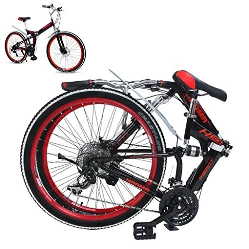 Plegables : Waqihreu Bicicleta de montaña Plegable Bicicletas MTB de 21 velocidades Ruedas de 24 / 26 Pulgadas, portaequipajes Trasero, Rojo (24 Pulgadas)