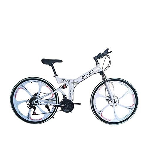 Plegables : WEHOLY Bicicleta Bicicleta de montaña 21 / 24 / 27 / 30 Velocidad Marco de Acero 26 Pulgadas Ruedas de 6 radios Bicicleta Plegable de Doble suspensión, Blanco, 24 velocidades