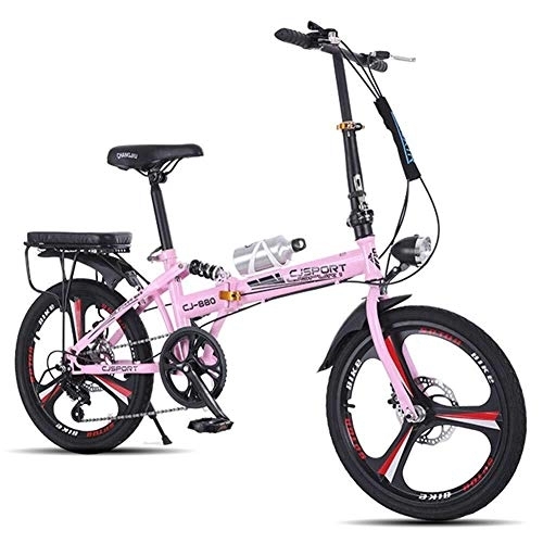 Plegables : WJJ Bicicletas Ligera de Acero al Carbono Bicicleta Plegable de la Ciudad, a 20 Hombres y Mujeres Inch Doble Freno de Disco Amortiguador Variable Bicicleta de la Velocidad (Color : Pink)