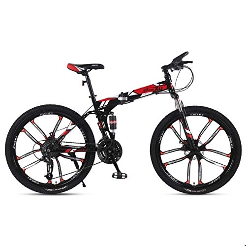 Plegables : WJSW Bicicleta de montaña Bicicletas para nios 21 / 24 / 27 Velocidad Marco de Acero 26 Pulgadas Bicicleta Plegable con suspensin de Ruedas de 10 radios, Rojo, 27 velocidades