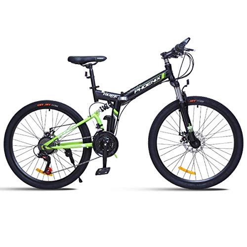 Plegables : WJSW Bicicleta de montaña Plegable Boy Bicicletas para un Sendero y montañas, Marco de Aluminio Negro con suspensin Completa, Cambios de Giro a travs de 24 velocidades, Verde, 24