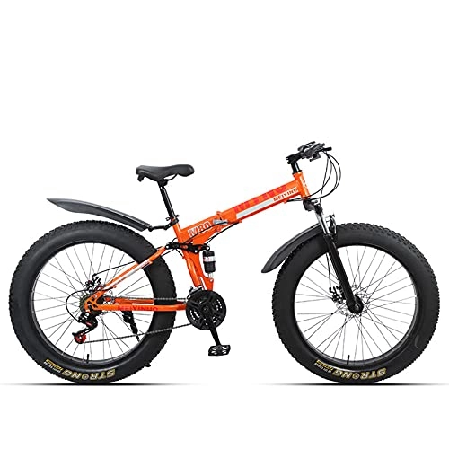 Plegables : WLWLEO Bicicleta de montaña para Hombre de 26 Pulgadas 4.0 Bicicleta de Nieve Fat Tire Bicicleta Plegable Absorción de Choque Doble, Bicicleta Profesional de Velocidad Variable, Naranja, 27 Speed
