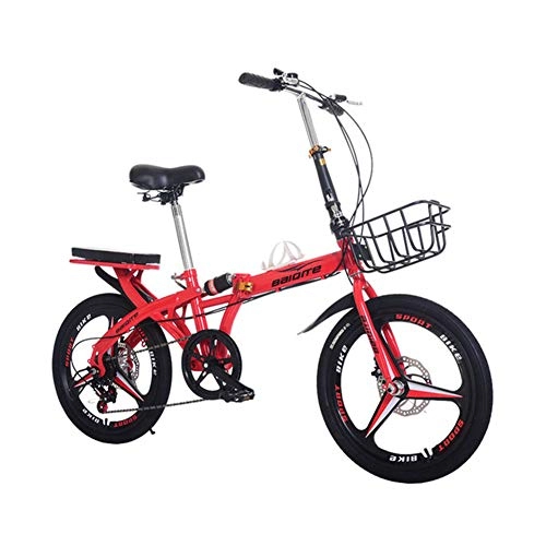 Plegables : XM&LZ Ultra-luz Mini con Cesta, Compacto Bicicleta Plegable Hombres Mujeres Estudiantes, Freno De Disco Bicicleta Al Aire Libre con Rack Trasero Rojo 20inch