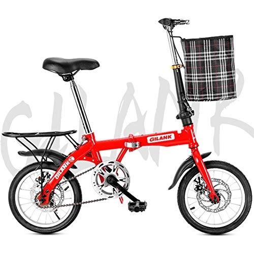 Plegables : XM&LZ Velocidad única Acero Al Carbono Bicicleta Plegable, Ocio Freno De Disco Bicicleta Plegable con Cesta Bastidor Trasero, Bicicleta Plegable De Viajero para LOS Hombres Mujeres Rojo 20inch