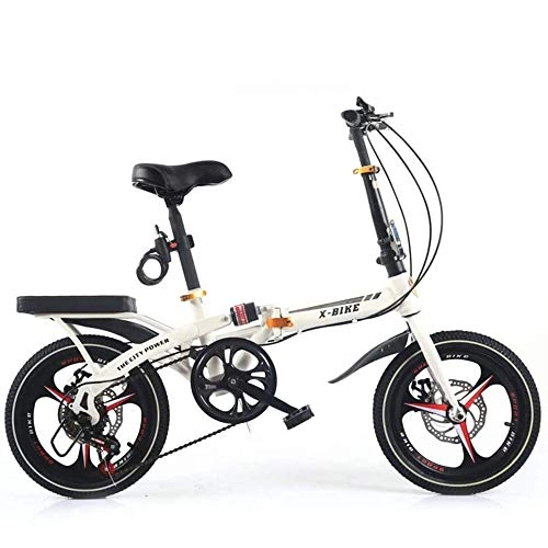 Plegables : YANGMAN-L Bicicleta Plegable de cercanías, con Parrilla de Acero Plegable 6 de la Bici Velocidad City Alto Contenido de Carbono del Freno de Disco, Ruedas de 16 Pulgadas, Blanco