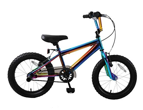 BMX Bike : Ammaco. Fuzion 16" Wheel BMX Boys Girls Kids Childs Childrens Freestyle Bike Neo-Chrome Rainbow Stunt Pegs Age 6+