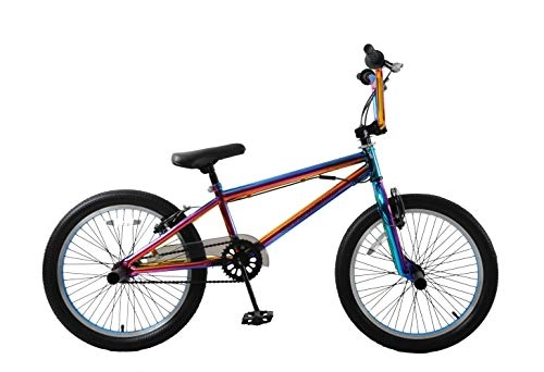 BMX Bike : Ammaco. Fuzion 20" Wheel BMX Boys Girls Freestyle Kids Bike Gyro Neon Chrome Rainbow & Stunt Pegs Age 7+