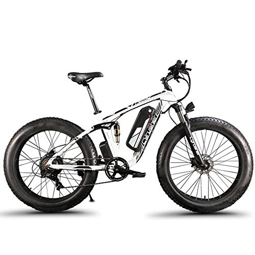 BMX Bike : Cyrusher XF800 1000W Electric Mountain Bike 26inch Fat Tire e-Bike Shimano 7 Speeds Beach Cruiser Mens Sports Mountain Bike Full Suspension, Lithium Battery Hydraulic Disc Brakes(White)